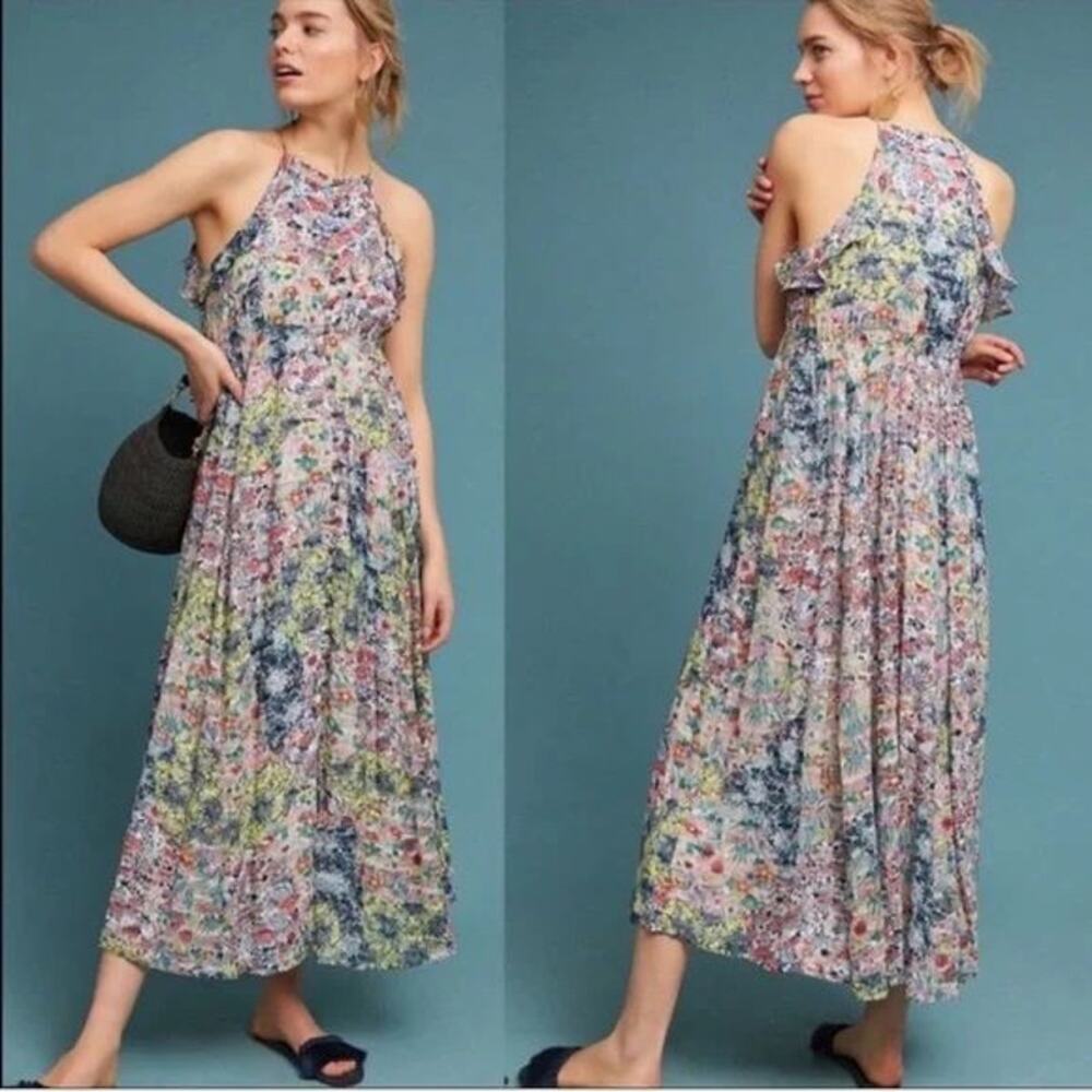 Anthropologie Meadow Rue Allerton Floral Button & Ruffle Detailing Maxi Dress